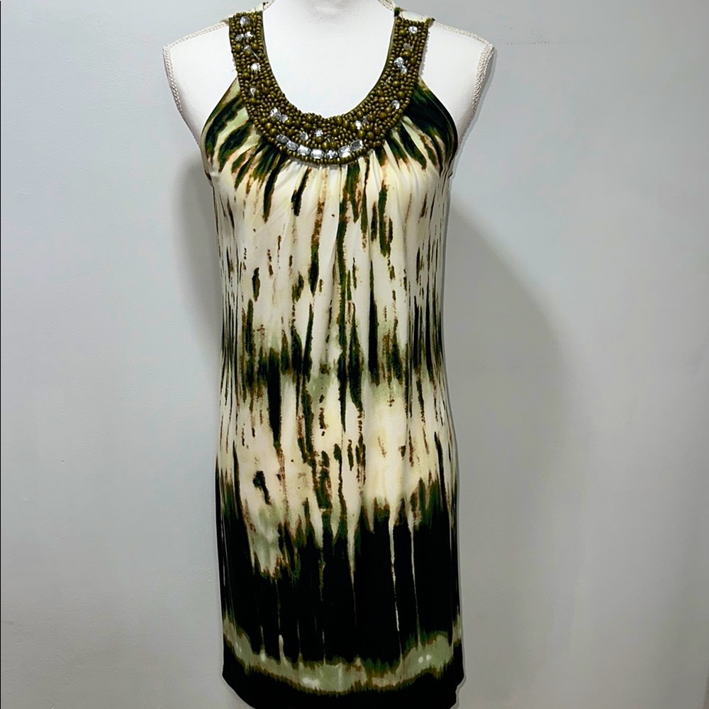 Womens Tie Dye Sleeveless Shift Dress Embellished Neckline Olive Green Size 6 - Picture 1 of 7